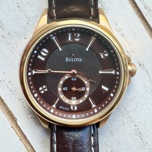 Bulova 97L113 Gold Tone Watch Brown Leather Strap Quartz Sub Seconds